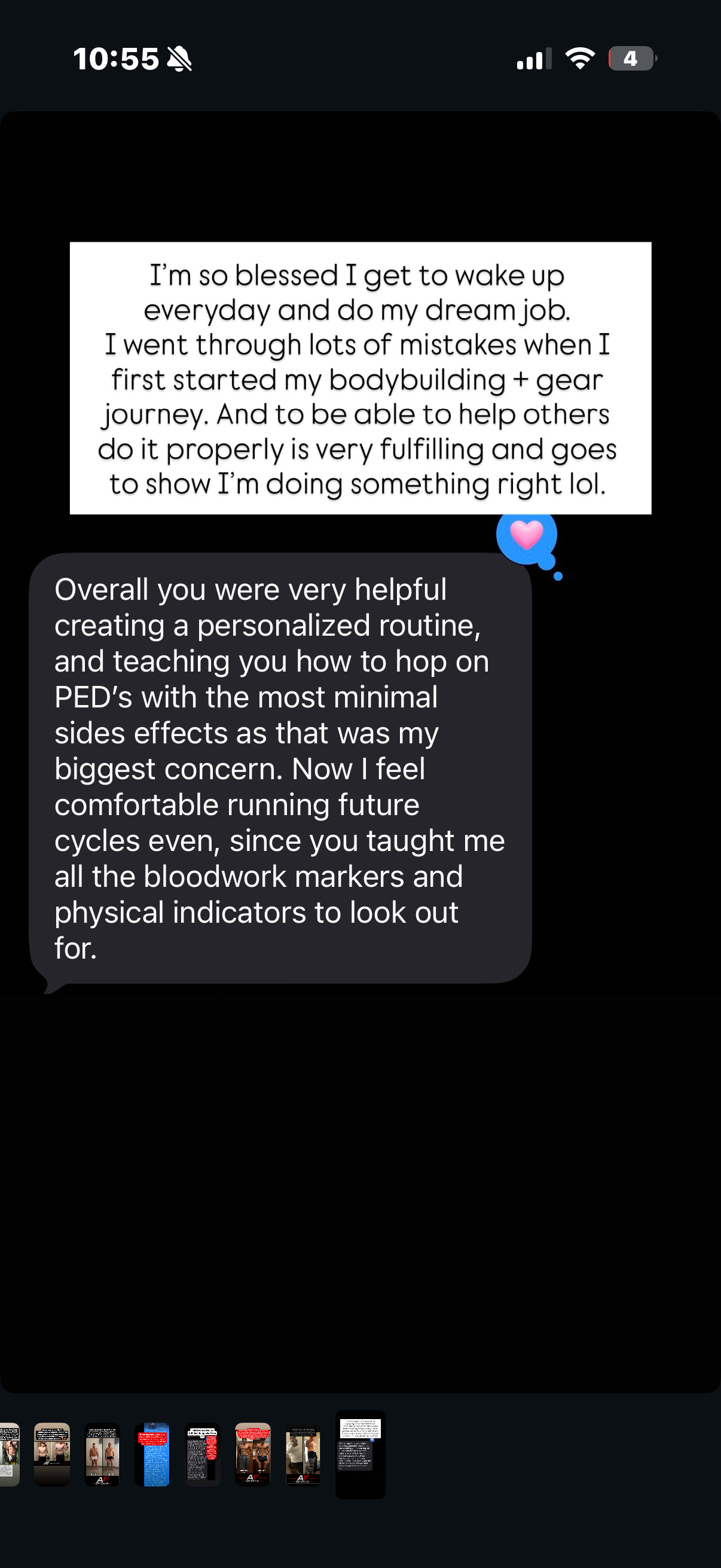 Client message about a personalized routine, understanding bloodwork markers, and their experience with coaching around PED use.